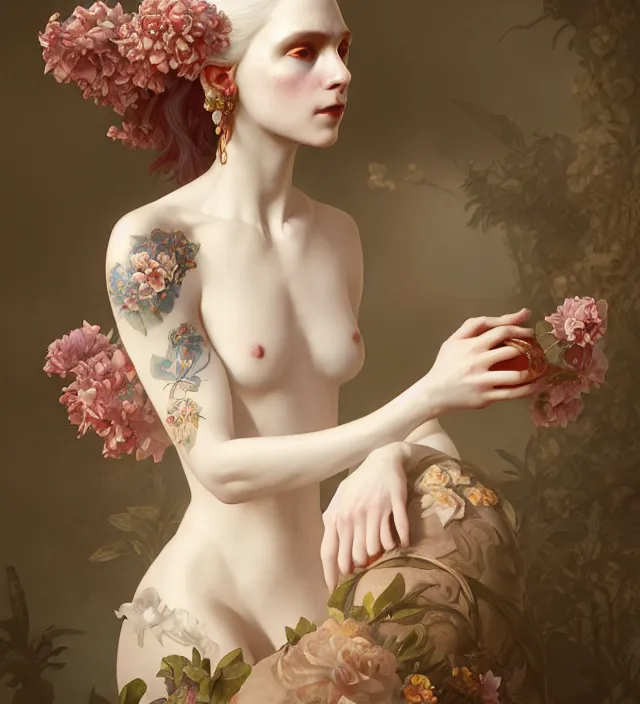 Image similar to baroque portrait of a icelandic princess of porceline skin, full body floral tattoos, cinematic lighting, photorealistic, octane render, 8 k, art by artgerm and greg rutkowski and alphonse mucha and uang guangjian