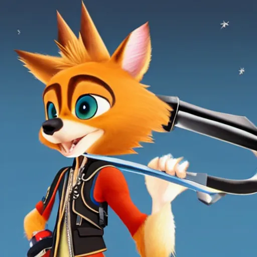 Image similar to sora, from kingdom hearts, holding the artemis keyblade, in the art style of zootopia