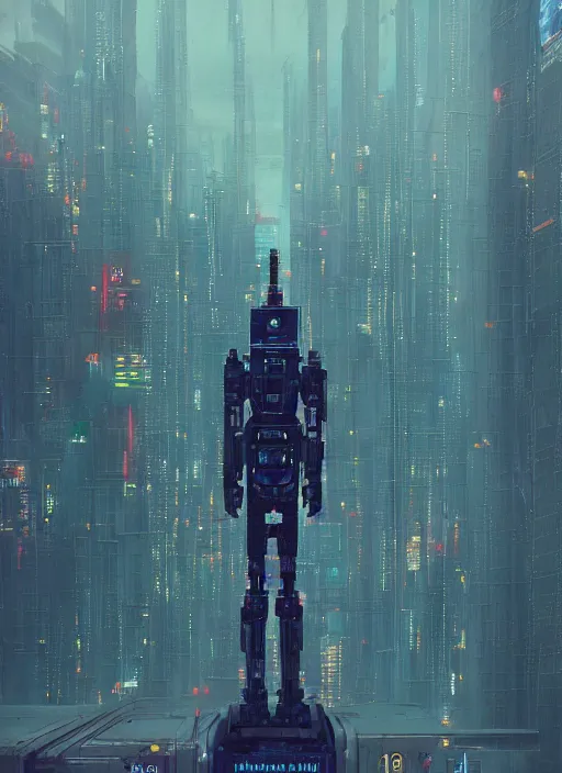 Image similar to a painting of a giant robot standing in front of a city, cyberpunk art by mike winkelmann, behance contest winner, nuclear art, dystopian art, apocalypse art, sci - fi