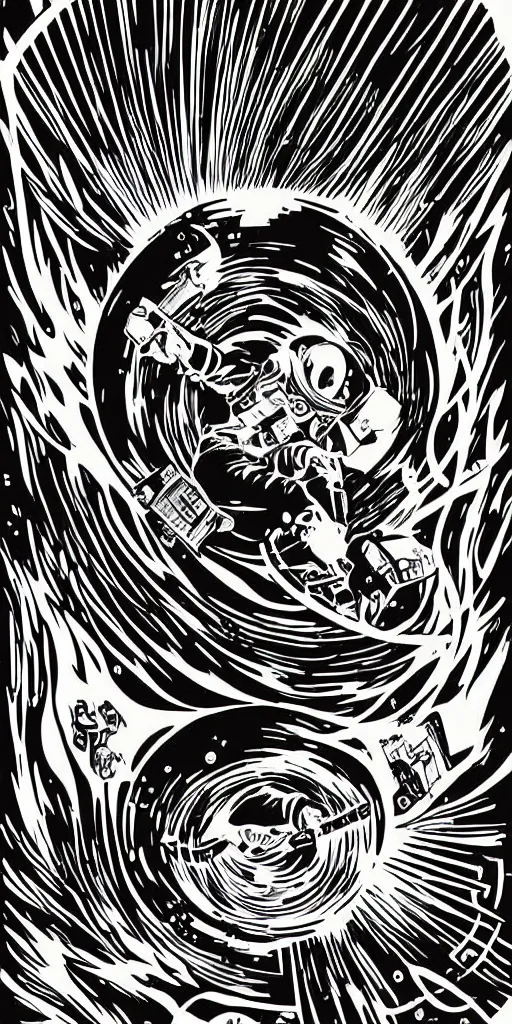 Image similar to neon!!!!, full color, mcbess poster , astronaut drifting into a black hole