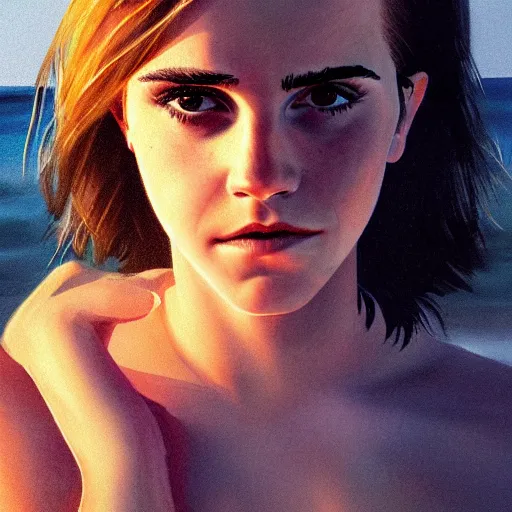 Image similar to portrait of emma watson on the beach at sunset, looking scared, dramatic lighting, high - res, greg rutkowski