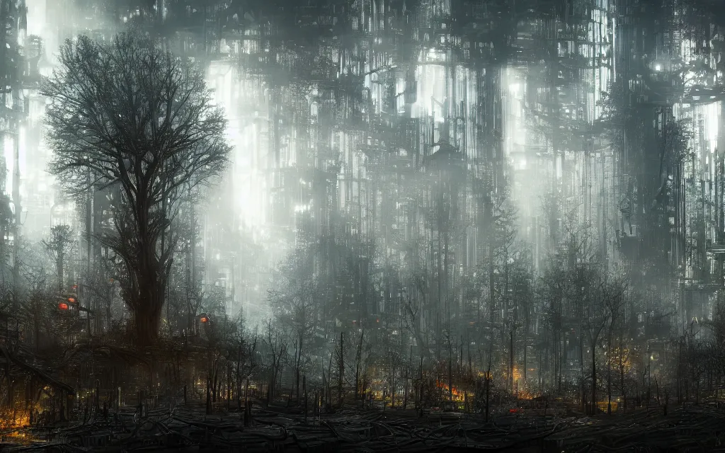 Prompt: a dark forest where gears and electronic parts grow on the trees tops, cyberpunk landscape wallpaper, d&d art, fantasy, painted, 4k, high detail, sharp focus