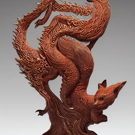Image similar to a photo - real delicate ceramic porcelain sculpture of an ornate detailed nine tailed fox front of a intricate background by victo ngai and takato yamamoto, micro detail, backlit lighting, subsurface scattering, translucent, thin porcelain, octane renderer, colorful, physically based rendering, japanese pottery, trending on cgsociety