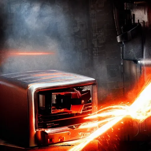 Image similar to toaster oven terminator robot, dark messy smoke - filled cluttered workshop, dark, dramatic lighting, orange tint, sparks, cinematic, highly detailed, sci - fi, futuristic, movie still