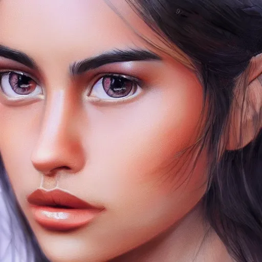 Image similar to a close up of beautiful Estefania Villegas perfect face, beauty spot by her left cheek, highly detailed, digital painting, artstation, concept art, smooth, sharp focus, illustration, art by Davinci, 8K,