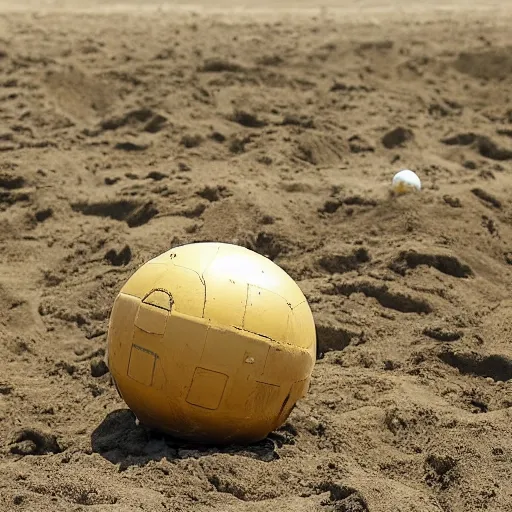 Image similar to in the distance, in the center of a large sandy quarry, a large golden ball lies in the sand, a broken excavator and a man in military uniform standing nearby, stylization is a grainy photo, high quality, depth of sharpness, emphasis and focus on the golden ball