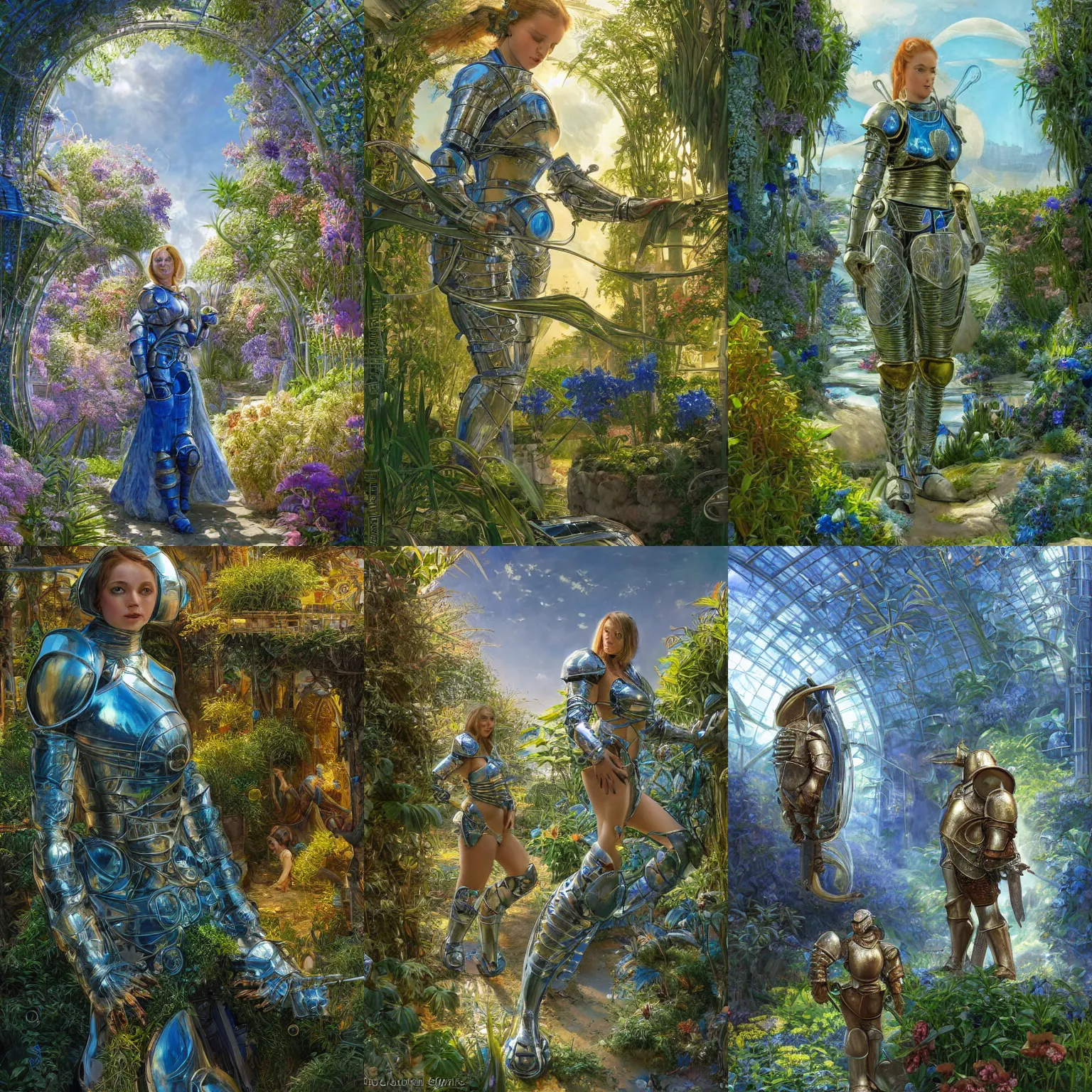 Prompt: a shorty and chubby round-bodied female knight in a hi-tech botanical world with blue skies | style of donato giancola, vincent callebaut, dramatic light | high detail | cinematic lighting | pristine metals, glass, plants | solarpunk | golden hour | volumetric lighting | concept art |