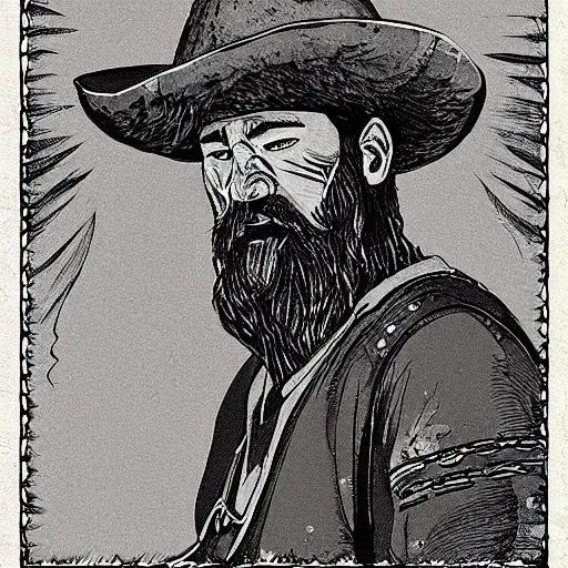 Prompt: bearded cowboy, slavic folklore illustration