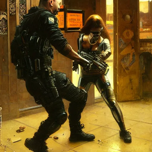 Image similar to Maria evades sgt rhodes. Cyberpunk hacker escaping Menacing Cyberpunk police trooper wearing a combat vest. Rainy streets (dystopian, police state, Cyberpunk 2077, bladerunner 2049). Iranian orientalist portrait by john william waterhouse and Edwin Longsden Long and Theodore Ralli and Nasreddine Dinet, oil on canvas. Cinematic, vivid colors, hyper realism, realistic proportions, dramatic lighting, high detail 4k