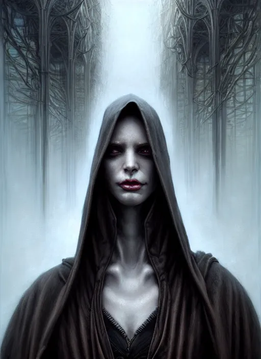 Image similar to closeup portrait shot of a hooded vampire in a scenic dystopian environment, intricate, elegant, highly detailed, centered, digital painting, artstation, concept art, smooth, sharp focus, illustration, artgerm, tomasz alen kopera, peter mohrbacher, donato giancola, joseph christian leyendecker, wlop, boris vallejo