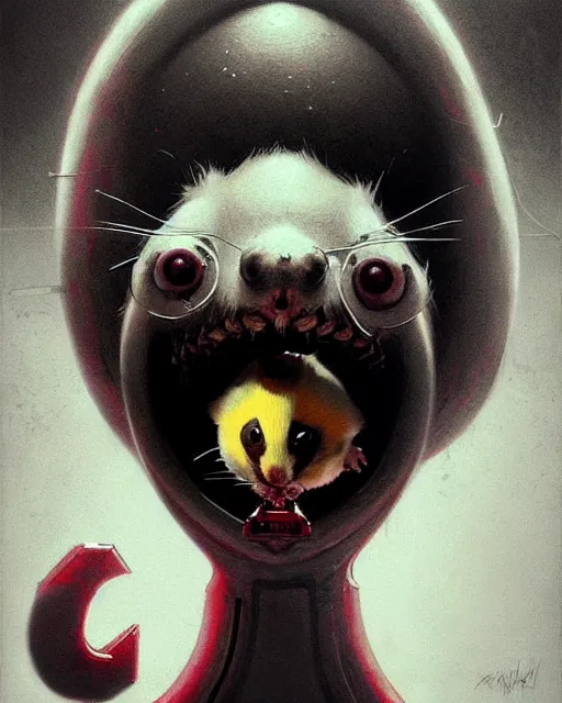 Image similar to wrecking ball the hamster from overwatch, with an evil and crazy look inn her eyes, character portrait, portrait, close up, concept art, intricate details, highly detailed, horror poster, horror, vintage horror art, realistic, terrifying, in the style of michael whelan, beksinski, and gustave dore