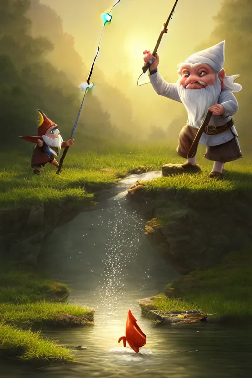 Image similar to legendary elegant gnome fishing in lake, highly detailed, d & d, fantasy, highly detailed, digital painting, trending on artstation, concept art, sharp focus, illustration, global illumination, ray tracing, realistic shaded, art by artgerm and greg rutkowski and fuji choko and viktoria gavrilenko and hoang lap