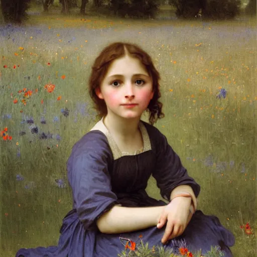 Image similar to a little girl with short wavy light brown hair and blue eyes sitting in a field of wildflowers. beautiful painting by bouguereau.