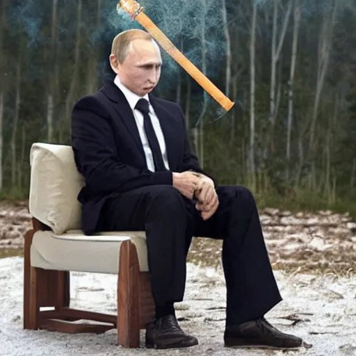 Image similar to Vladimir Putin smoking huge amounts of cannabis with a bong