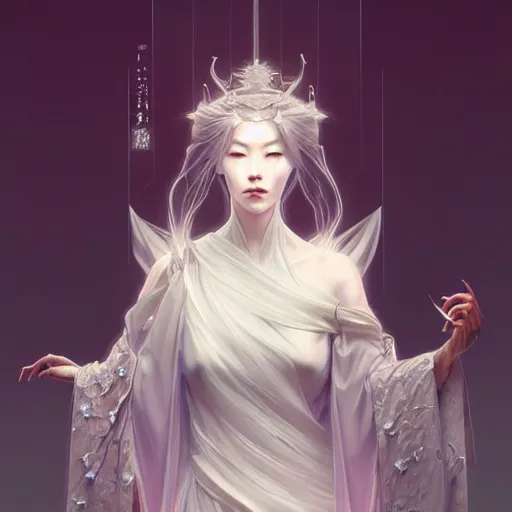 Prompt: ultra realistic illustration, a japanese female digital ghost queen, transparent, static, intricate, elegant, highly detailed, digital painting, artstation, concept art, smooth, sharp focus, illustration, art by artgerm and greg rutkowski and alphonse mucha