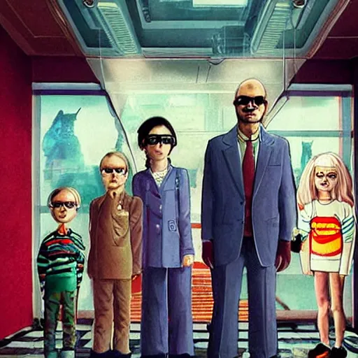 Image similar to the royal tenenbaums in a cyberpunk future, photorealistic, detailed, family portrait