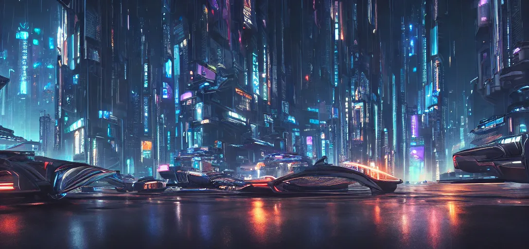 Image similar to view from the ground of a futuristic cyberpunk city at night in rain, with flying cars, symmetry, cinematic lighting, ultra detailed, sharp, ambient occlusion, raytracing, by greg rutowski, paul chadeisson and jessica rossier