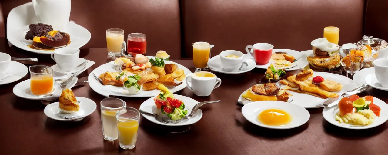 Prompt: Breakfast in five-star restaurant. Promotional Advertisement Photo.