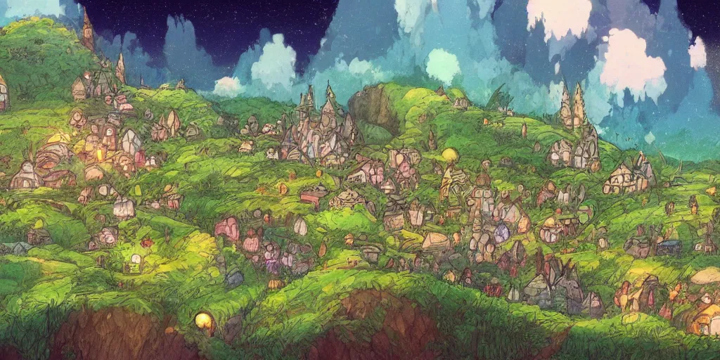 Image similar to a still of a background from howl's moving castle!!!!! of hobbiton, light bloom, studio ghibli!!!!!