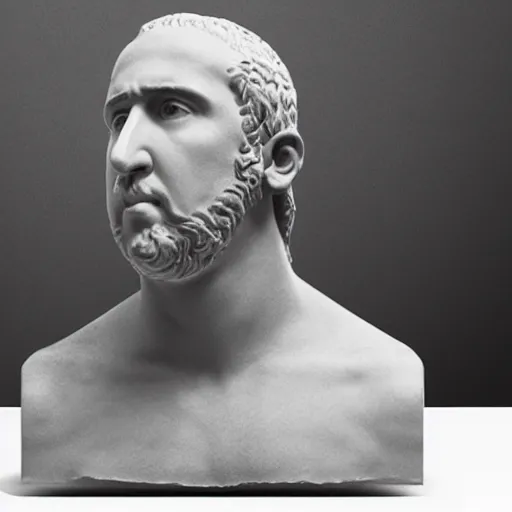 Prompt: a roman bust of Nicolas Cage wearing headphones listening to music, in the stule of vaporwave
