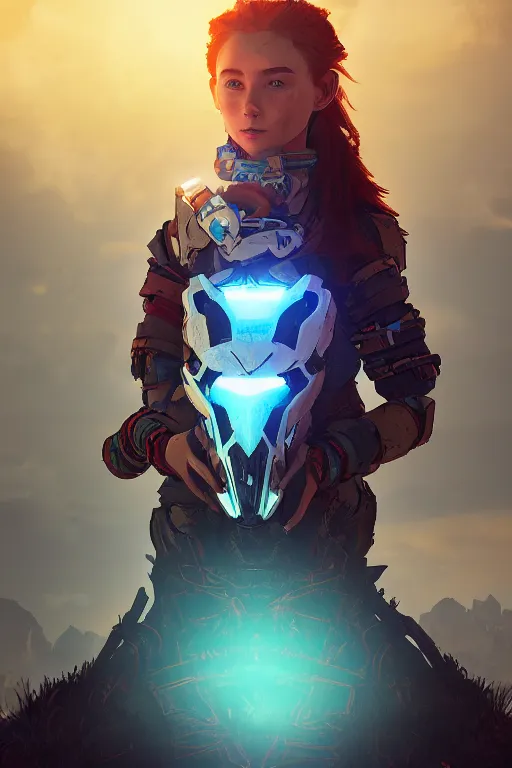 Image similar to combination suit armor aloy horizon forbidden west horizon zero dawn radiating a glowing aura global illumination ray tracing hdr fanart arstation by ian pesty and alena aenami artworks in 4 k tribal robot ninja mask helmet backpack