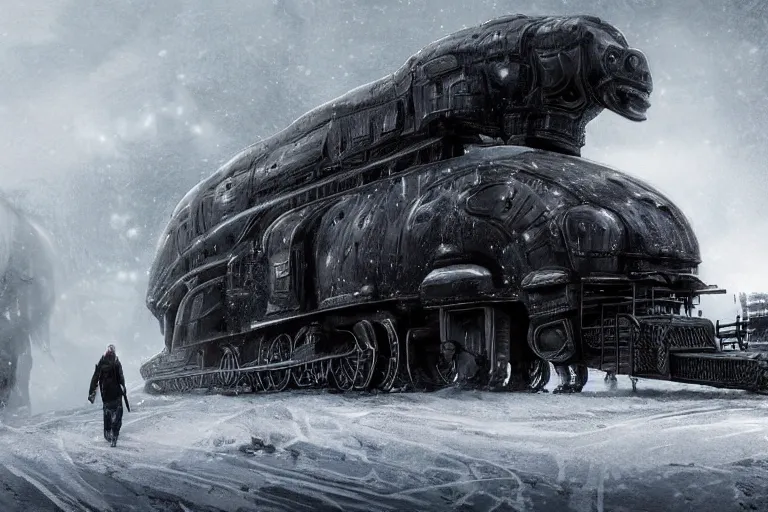 Image similar to a grand intricate futuristic black steam train next to a giant mammoth, post - apocalyptic ice landscape in snowstorm, concept art, artstation, highly detailed, digital art