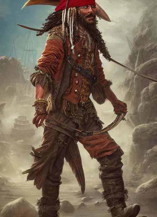 Prompt: realistic full body concept art illustration oil painting of a pirate in insanely detailed and intricately colored clothing, octane render, sss, postprocessing, 4k, cinematic lighting, unreal engine