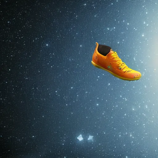 Prompt: a shoe floating in space seen from a distance, stars and galaxies, beams of light, trending on artstation, octane render