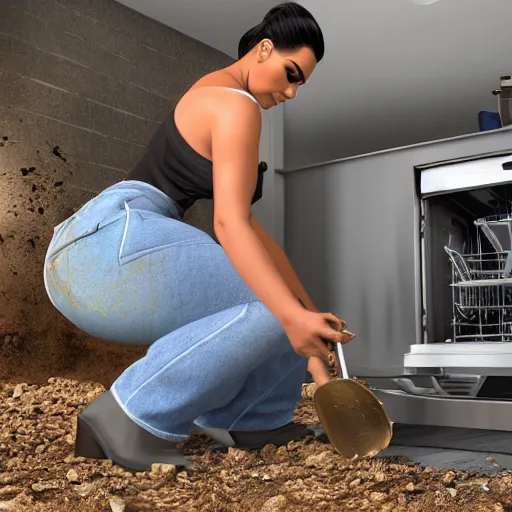 Image similar to kim kardashian repairing the dishwasher in the middle of dirt, photorealist, ultra hd, unreal engine