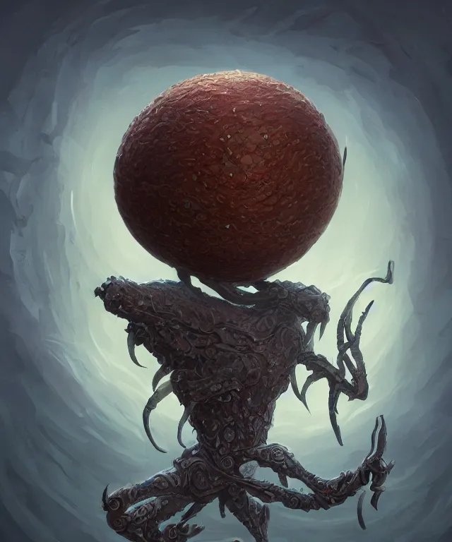 Image similar to hziulquoigmnzhah, the god of cykranosh, a spheroid body, elongated arms, short legs, head dangling underneath, fantasy, intricate, elegant, highly detailed, digital painting, artstation, concept art, matte, sharp focus, illustration, art by keith thompson and christopher lane