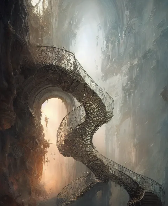 Image similar to stairway to heaven, fantasy, intricate, elegant, highly detailed, digital painting, artstation, concept art, art by artgerm and and ruan jia