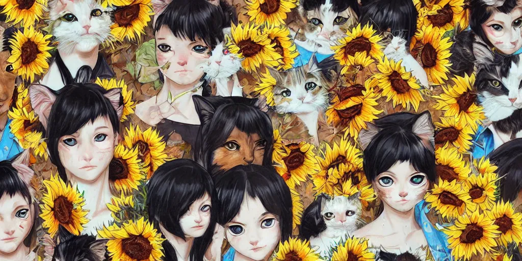 Image similar to a group of kitten by Sandra Chevrier and Sachin Teng, lots of sunflowers, anime style makoto shinkai