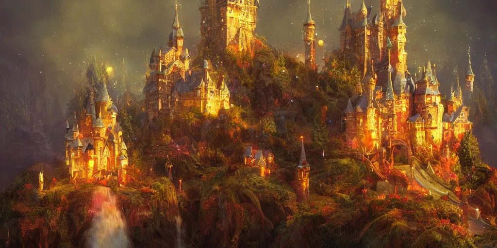 Image similar to a glittering fairy castle at night, extremely detailed oil painting, unreal 5 render, fantasy digital art, octane render, beautiful composition, trending on artstation, award-winning photograph, masterpiece