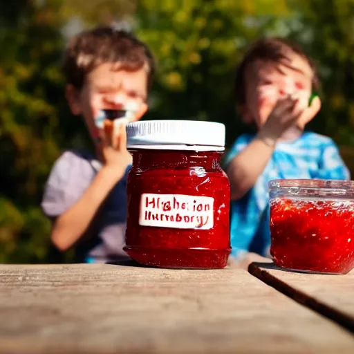 Prompt: Small people trying to escape a jar of strawberry jam, high definition photography, 8k