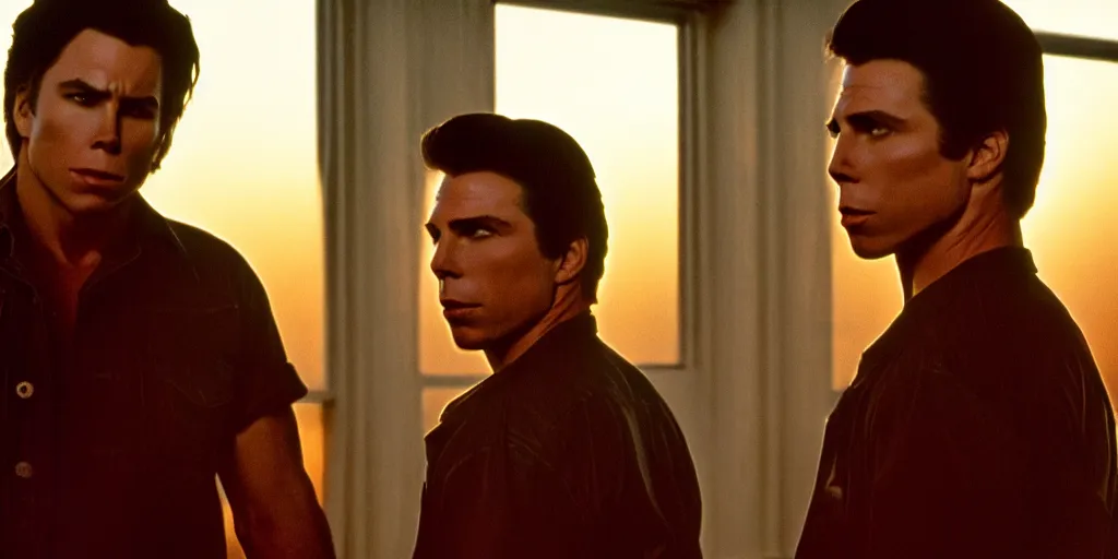 Image similar to the sunset's light beams through a window, timothy chalmette and john travolta as brothers, action pose, outside in a farm, medium close up shot, depth of field, sharp focus, waist up, movie scene, anamorphic, costume art direction style from the movie the outsiders