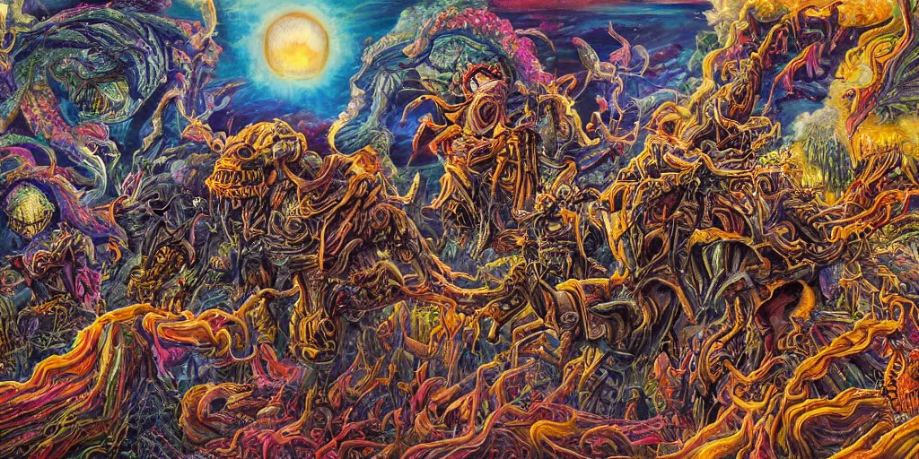 Image similar to a high hyperdetailed painting of the war between the monsters of reason vs the monsters of imagination, the merging of determined and undetermined worlds horror and spiritual fantasy creatures, as dichotomies are broken in search of elevation psychedelic surreal magical dystopian technological utopian psycho spiritual art, anarchist art chaotic fulcolor