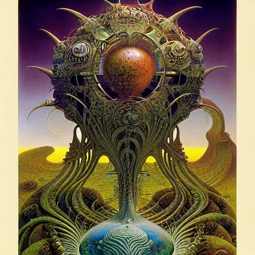 Image similar to divine chaos engine by roger dean and andrew ferez, symbolist, visionary, detailed, realistic, surreality, art forms of nature by ernst haeckel, deep rich moody colors, botanical fractal structures, art nouveau