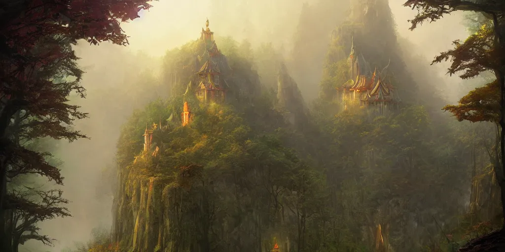 Image similar to a mystic temple on a mountain surrounded by a forest, joyful matte painting by marc simonetti and christophe vacher, trending on artstation