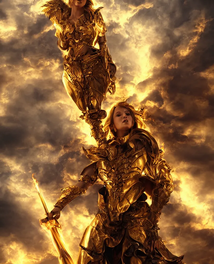 Prompt: A fiercely beautiful woman in golden angelic battle armor wielding a flaming sword, among heavenly clouds, medium shot, mid-shot, waist shot, cinematic, epic, 4k, stylized, realism