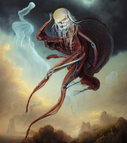 Image similar to an anatomical oil painting of a Jellyfish Harpy from a medical journal by Peter Mohrbacher and Nychos, highly detailed, high detail, 8k, storm clouds, birds, dramatic lighting
