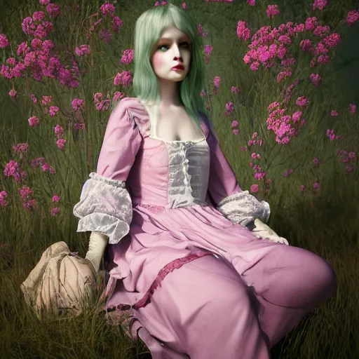 Image similar to 8 k, octane render, realism, tonalism, renaissance, rococo, baroque, cotton candy, portrait of a creepy young lady wearing long 1 9 7 0 s babydoll dress with flowers and skulls