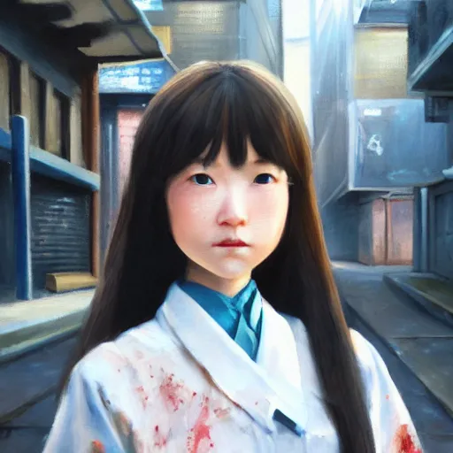 Image similar to a perfect, realistic professional oil painting of a Japanese schoolgirl posing in a dystopian alleyway, close-up, by a professional American senior artist on ArtStation, a high-quality hollywood-style concept