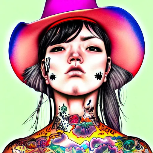 Image similar to full view of cowgirl with tattoos, wearing a cowboy hat, style of yoshii chie and hikari shimoda and martine johanna, highly detailed