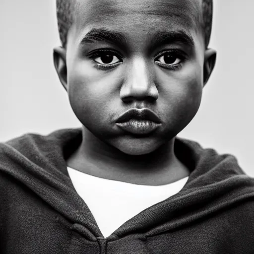 Image similar to the face of young kanye west wearing yeezy clothing at 1 2. 5 years old, black and white portrait by julia cameron, chiaroscuro lighting, shallow depth of field, 8 0 mm, f 1. 8