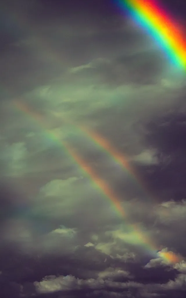 Image similar to dark night dramatic airbrushed clouds over black background, light gleams and beams, little green flares, dim rainbow in the distance, photography fantasy, realistic