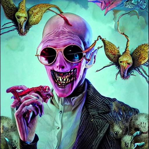 Prompt: Fear and Loathing Vampire in Wonderland, a psychedelic horror fantasy portrait by Wayne Barlowe and Artgerm, vivid color, album cover,