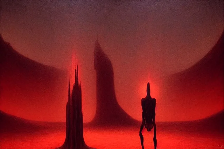 Image similar to only with red, a red god of death eat apple, a futuristic city on mars in background, an ancient path, pathos, in the style of beksinski, part by hopper, part by rodcenko, part by hofbauer, intricate composition, red by caravaggio, insanely quality, highly detailed, masterpiece, red light, artstation