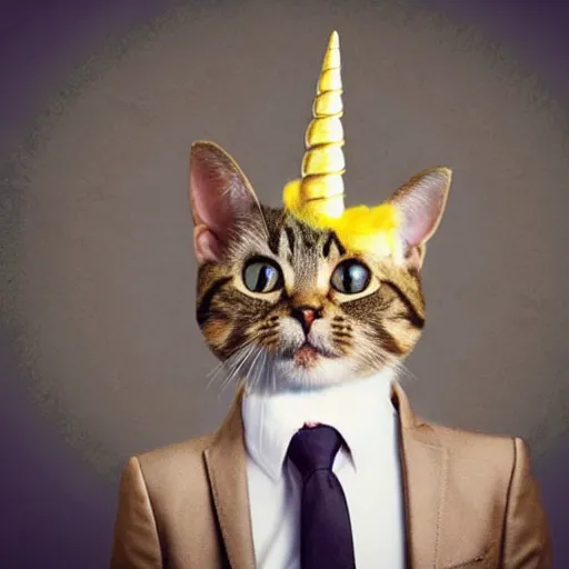 Prompt: photo of a cat with a snarky smile, he has a unicorn on his forehead and he is wearing a suit