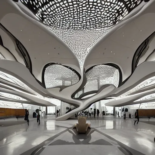 Image similar to extremely detailed ornate stunning beautiful elegant futuristic museum lobby interior by Zaha Hadid