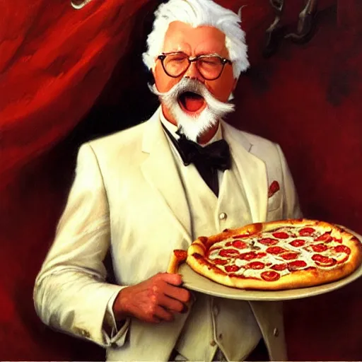 Image similar to colonel sanders eating many pizza, highly detailed painting by gaston bussiere, craig mullins, j. c. leyendecker, 8 k